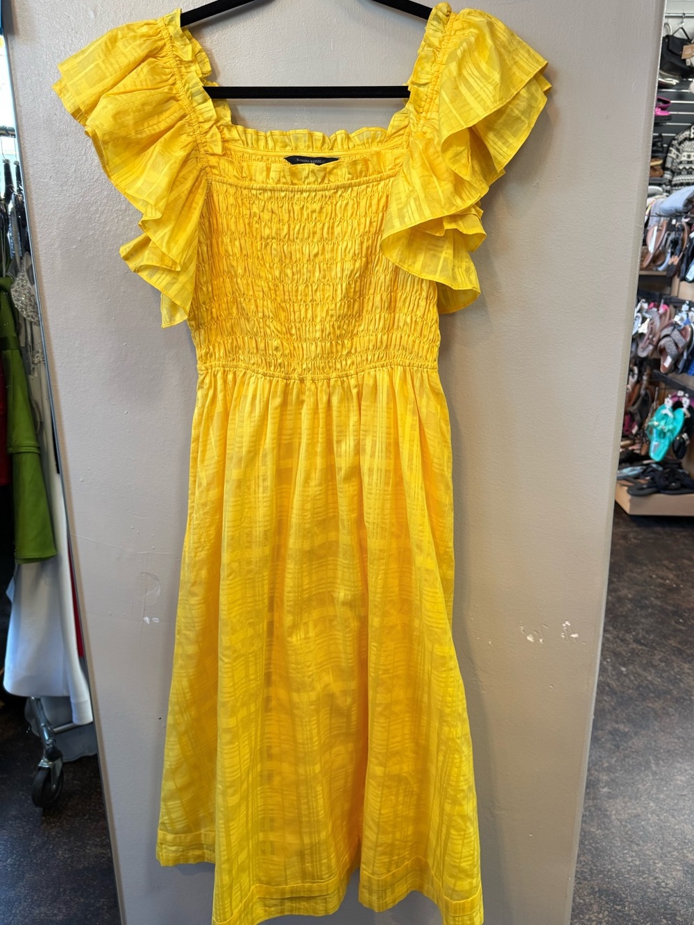Banana Republic Smocked Ruffle Midi Dress XS Yellow Going Bananas NWT
